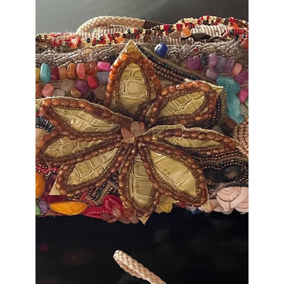 Tapestry Handbag Elegantly Beaded in Multicolors With Applied Vinyl Flower - Picture 2 of 10